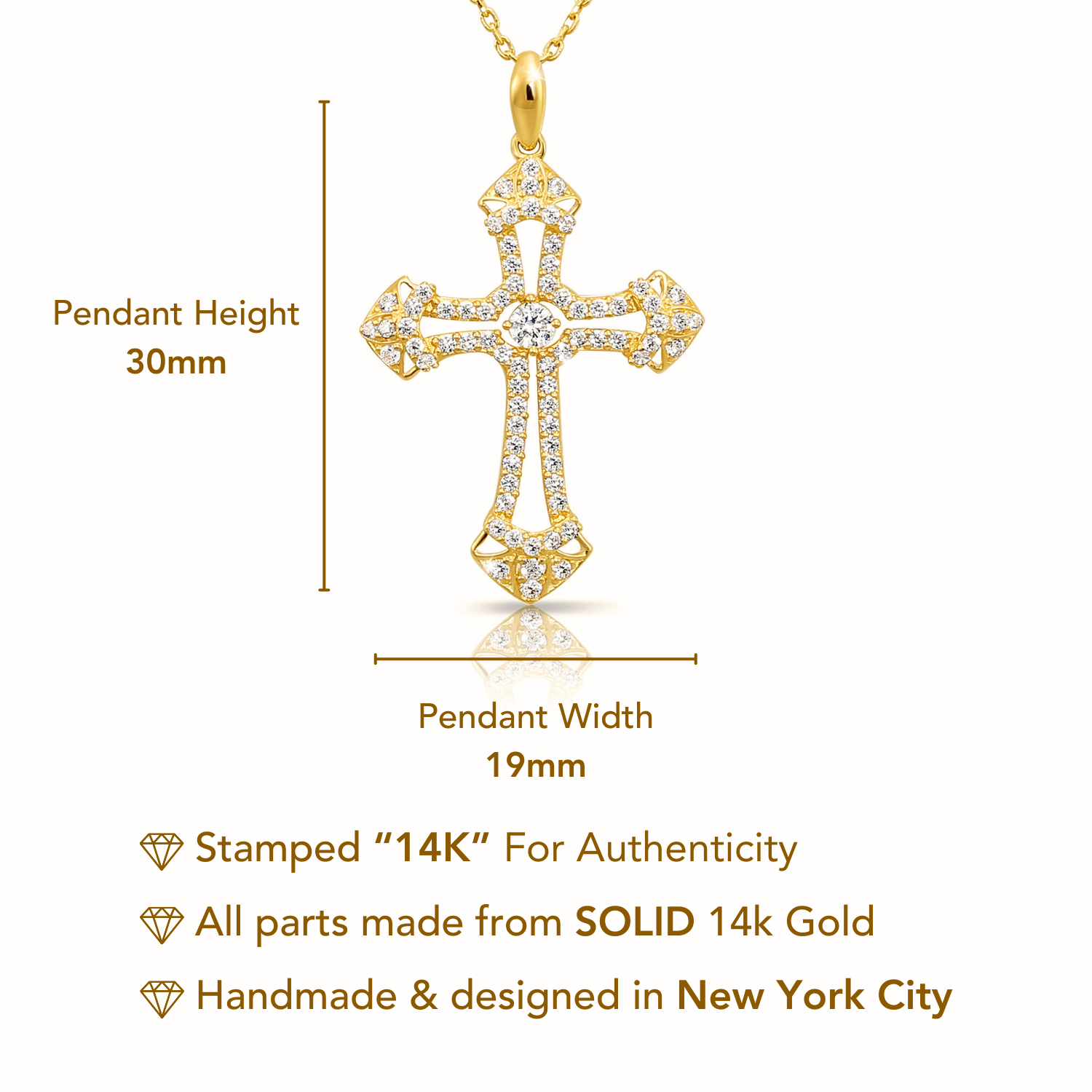 14K Solid Yellow Gold CZ Cross Pendant, With 18" Cable Chain Necklace