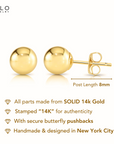 14K Yellow Gold Ball Stud Earrings with Pushbacks, With High Polish Finish