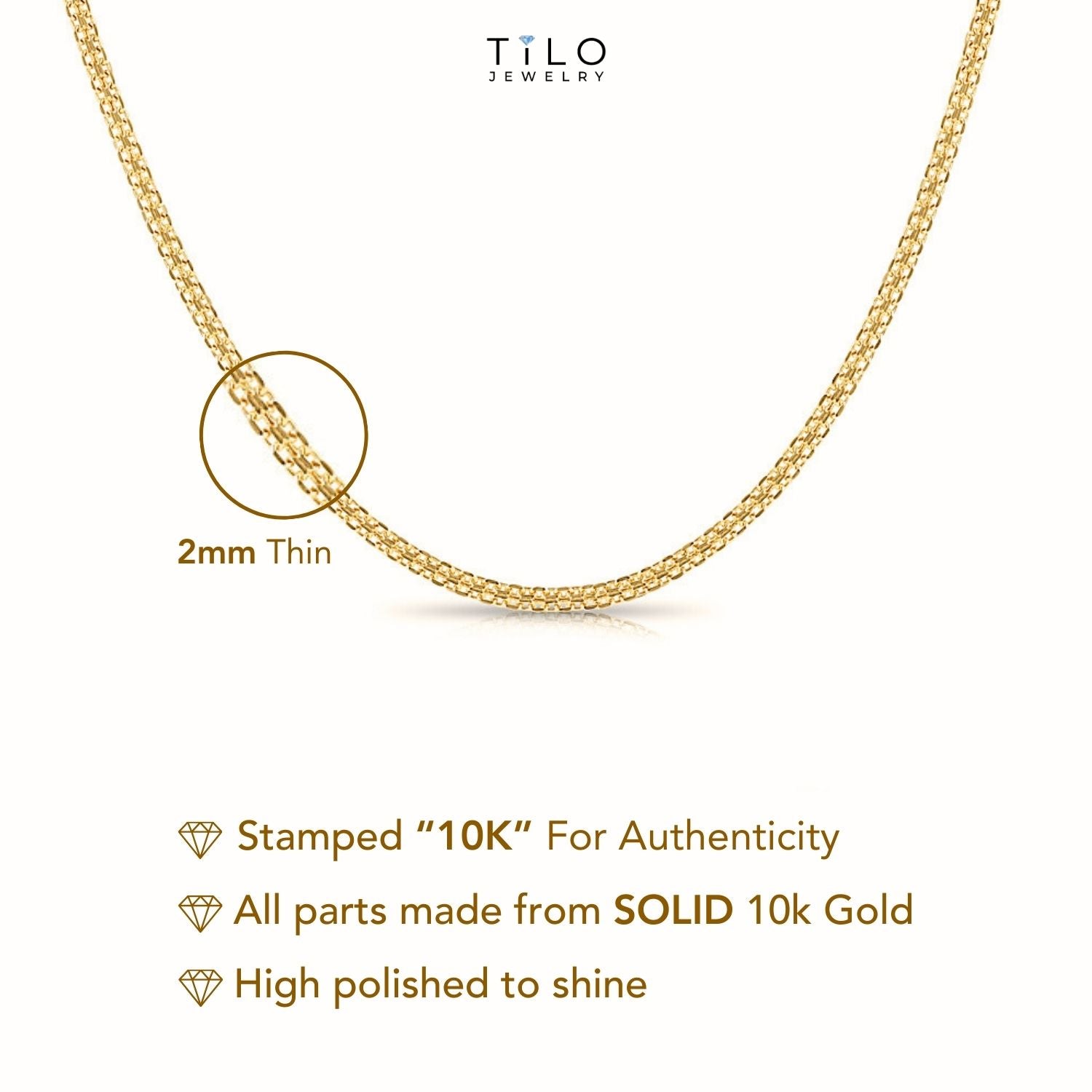 10K Solid Yellow Gold Bismark Chain Necklace, 2mm Thin – Tilo Jewelry®