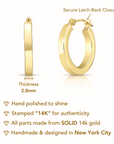 14k Solid Yellow Gold Square Tube Hoop Earrings, Bold Chunky Hoops, 2.8mm Thin