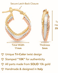 10K Gold Tri-Color Square Hoop Earrings, Italian Style Design, Twisted Hoops