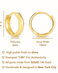 Solid 14K Gold Huggie Hoop Earrings, Classic Or Diamond-Cut Design, 12mm (0.5 In)