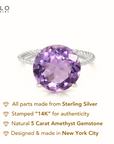 Sterling Silver Purple Amethyst Ring, Five Carat Huge Natural Gemstone, 925 Twist Rope Design, "Ms. Luscious"