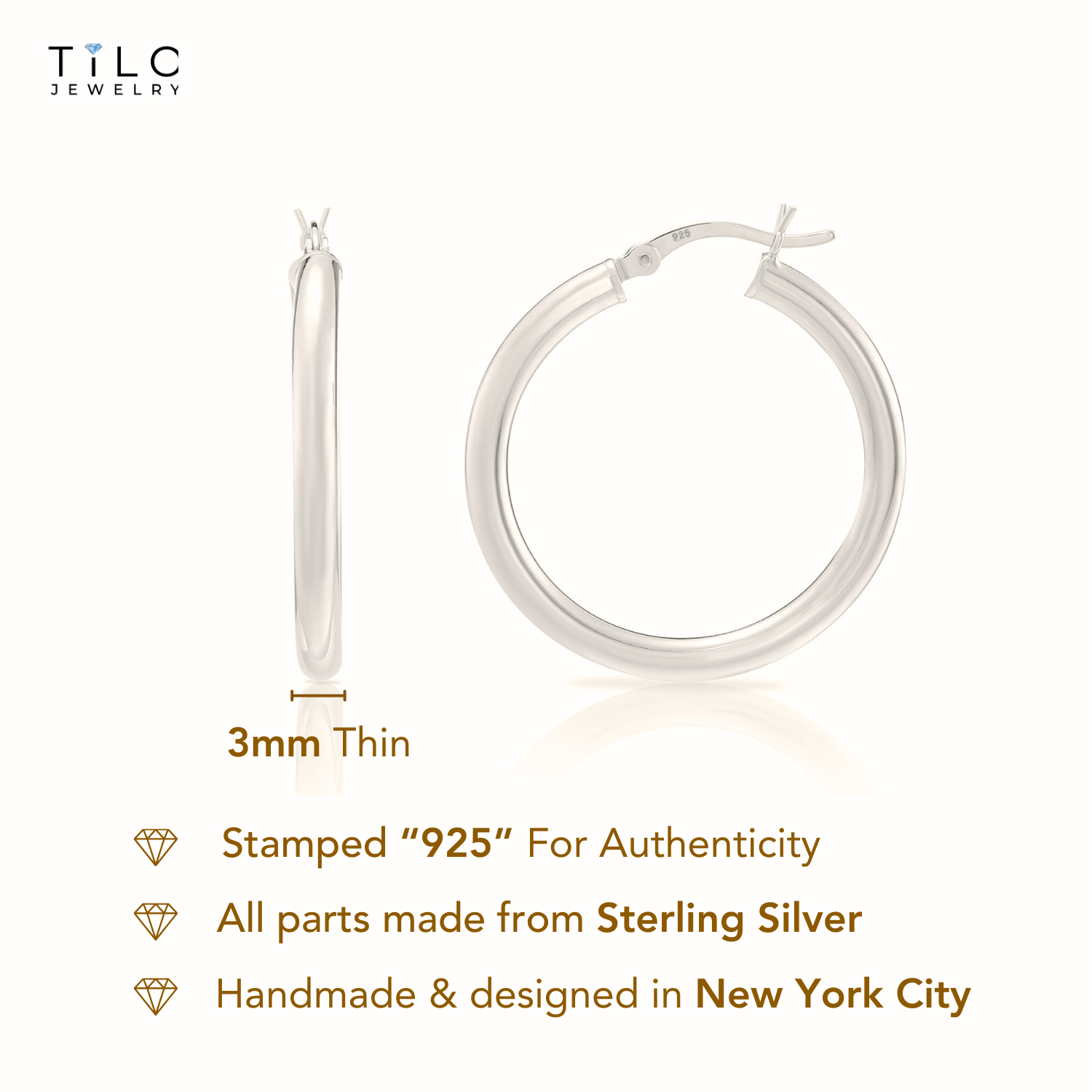 Sterling Silver Classic Round Chunky Hoop Earrings, 3mm – Tilo 