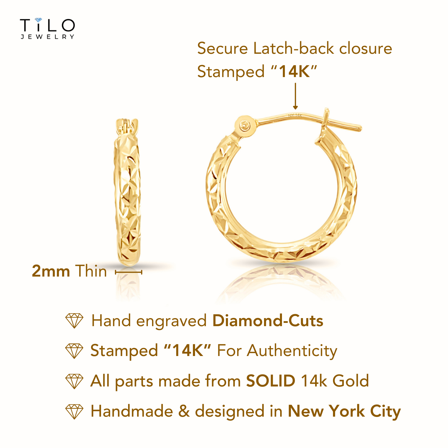 14K Yellow Gold X Pattern Diamond Cut Hoop Earrings