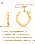 14K Yellow Gold X Pattern Diamond Cut Hoop Earrings