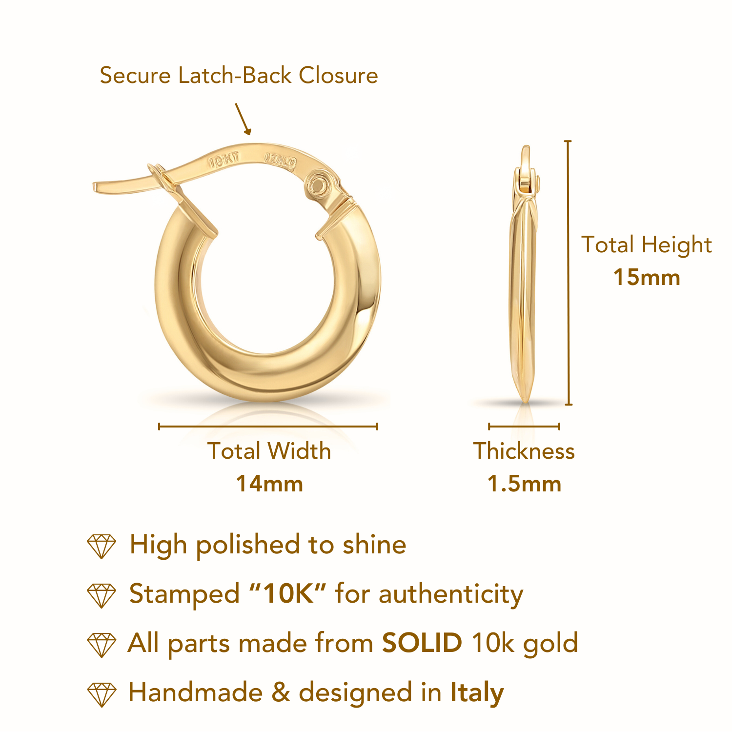 Solid 10K Yellow Gold Round Hoop Earrings, Italian Style, Shiny Flat Tube Hoops, 14mm