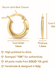 Solid 10K Yellow Gold Round Hoop Earrings, Italian Style, Shiny Flat Tube Hoops, 14mm