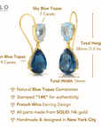 14K Yellow Gold Pear-Cut London & Sky Blue Topaz Teardrop Wire Earrings, 26ctw, Natural Gemstone Earrings