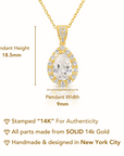 14K Yellow Gold Pear Pendant Necklace, Teardrop Halo CZ Pendant