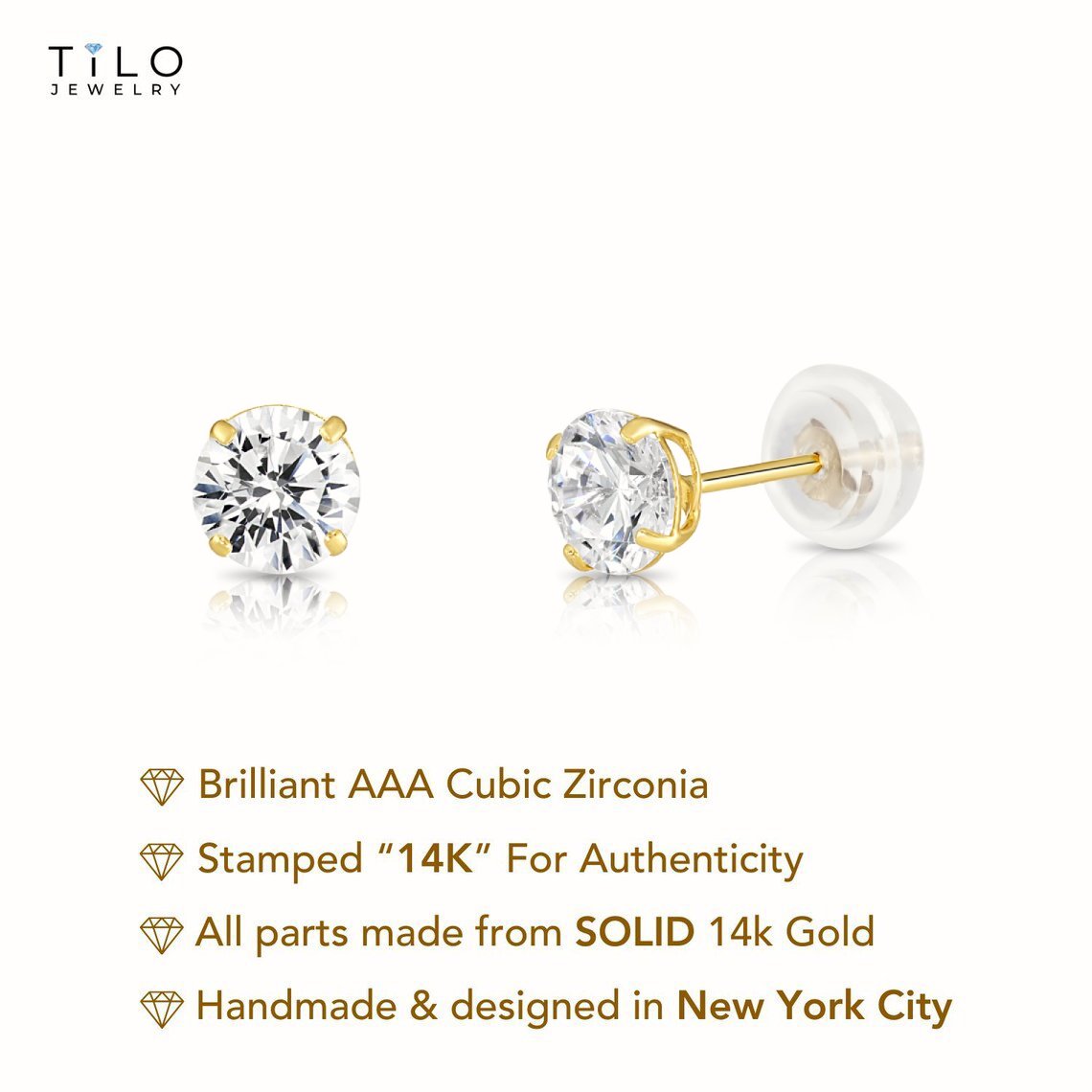 14k Yellow Gold and Cubic Zirconia Stud Earrings, Silicone Pushback
