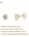 14k Yellow Gold and Cubic Zirconia Stud Earrings, Silicone Pushback