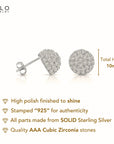 Sterling Silver Half Ball Classic Studs, With Simulated Diamonds