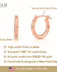 14k Rose Gold Tornado Diamond Cut Hoop Earrings, 2mm Thin
