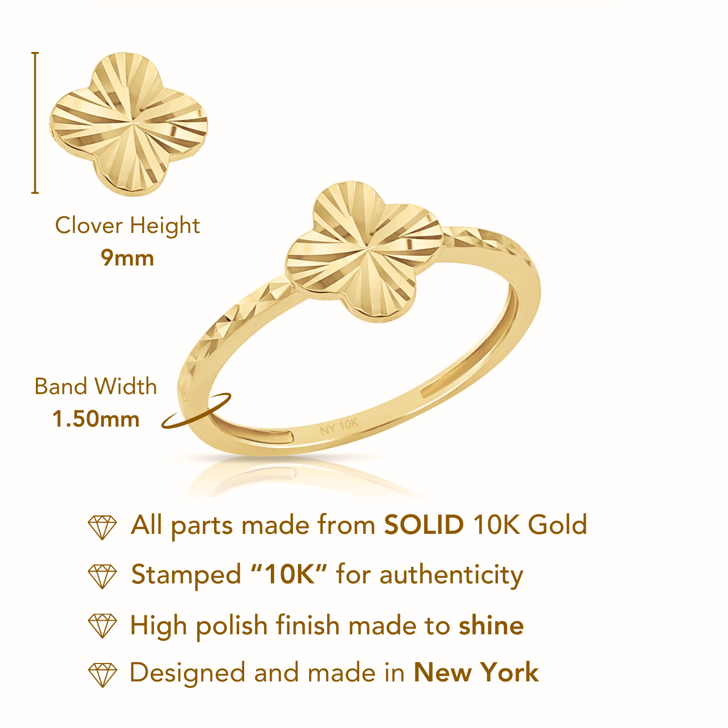 10K Solid Yellow Gold Four Leaf Clover Ring, With Hand Engraved Diamond-Cuts