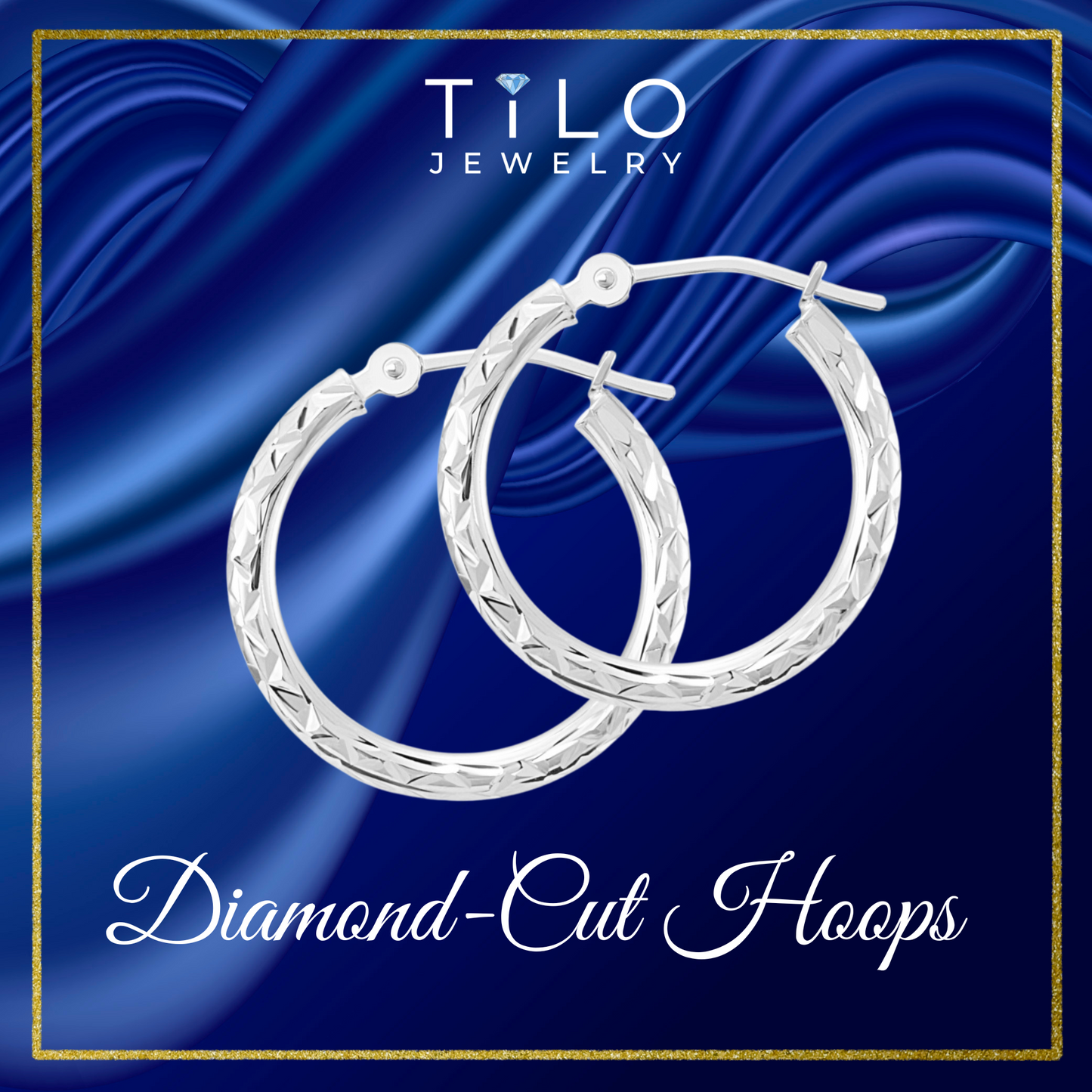 14K White Gold Diamond-cut Round Hoop Earrings, Hand Engraved X Diamond-cut Round Hoop Earrings, Small Medium Large Hoops