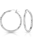Sterling Silver Round Hoop Earrings, Floral Diamond-Cut Design