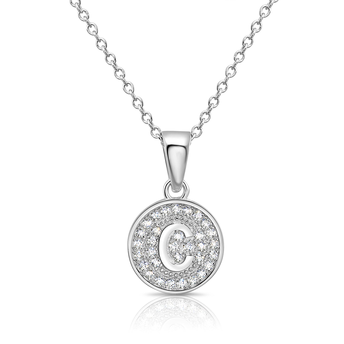 925 Sterling Silver CZ Initial Round Pendant Necklace (Letters A-Z) 16" 18"