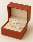 14K Yellow Gold Emerald-Cut Halo Engagement Ring With Side Stones