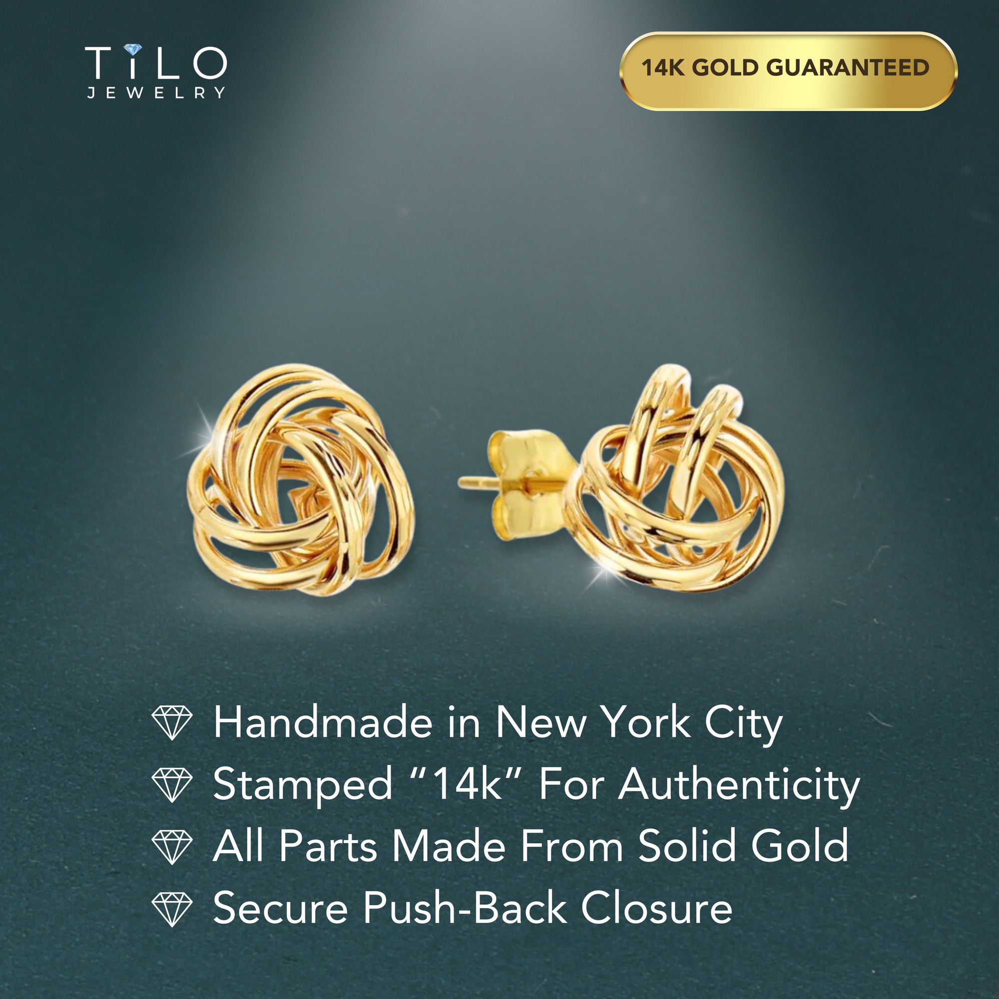 14k Gold Love Knot Stud Earrings with Hand Engraved Diamond Cuts, 9mm, Pushback Studs