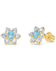 14K Yellow Gold Large Flower Halo CZ Birthstone Stud Earrings, Available in 12 Colors