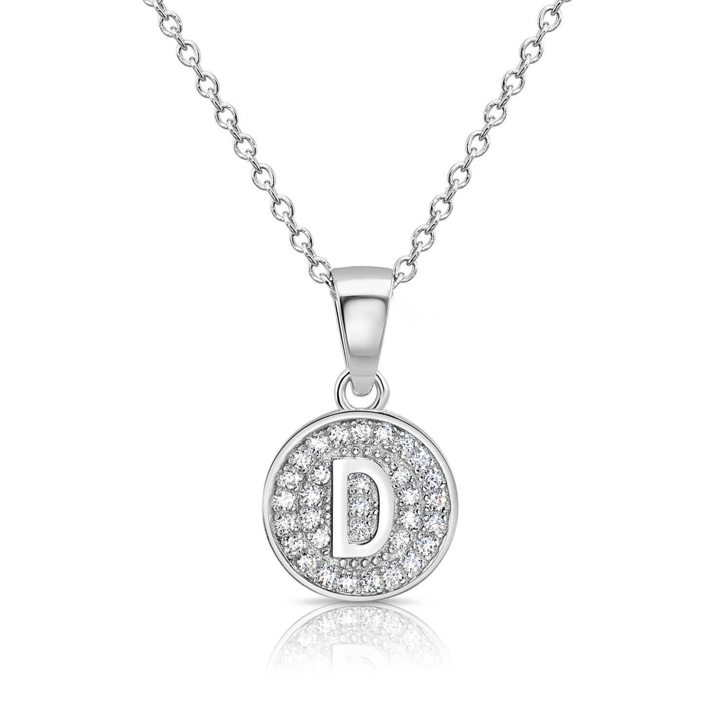 925 Sterling Silver CZ Initial Round Pendant Necklace (Letters A-Z) 16" 18"