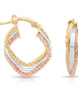 10K Gold Tri-Color Square Hoop Earrings, Italian Style Design, Twisted Hoops