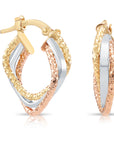 10K Gold Tri-Color Square Hoop Earrings, Italian Style Design, Twisted Hoops
