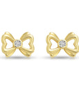 14k Solid Yellow Gold CZ Ribbon Bow Studs, With Screw on Screwbacks