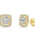 14k Yellow Gold Round CZ Halo Stud Earrings, Brilliant-Cut Cushion Halo Design Studs, With Secure Pushbacks