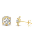 14k Yellow Gold Round CZ Halo Stud Earrings, Brilliant-Cut Cushion Halo Design Studs, With Secure Pushbacks