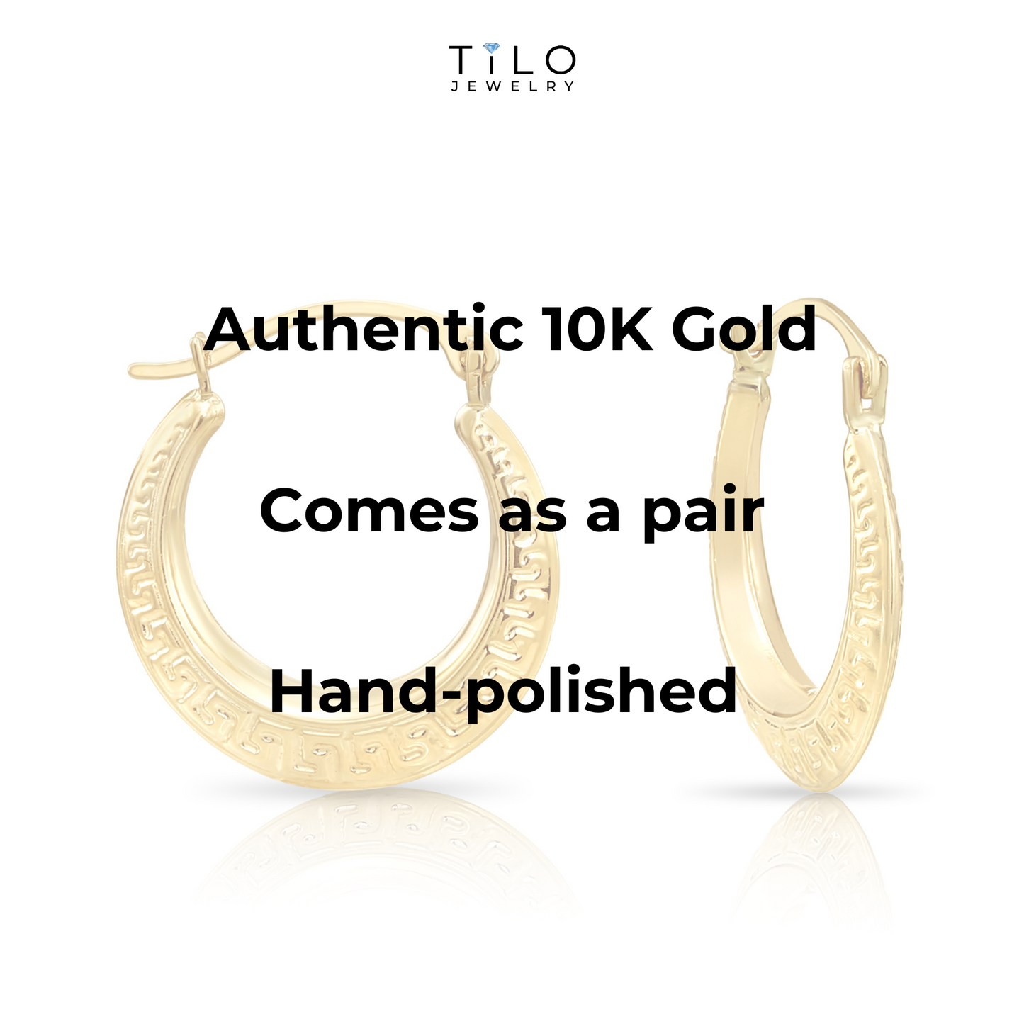 10K Real Solid Yellow Gold Greek Key Curved Round Creole Hoops Earrings 18MM, By TILO Jewelry