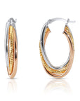 Sterling Silver Tri-Color Spiral Design Oval Hoop Earrings