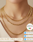 Italian 14k Gold Plated 5mm Cuban Chains with Strong Lobster Lock in Sterling Silver