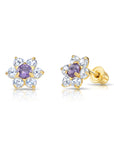 14K Yellow Gold Large Flower Halo CZ Birthstone Stud Earrings, Available in 12 Colors