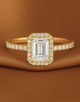14K Yellow Gold Emerald-Cut Halo Engagement Ring With Side Stones