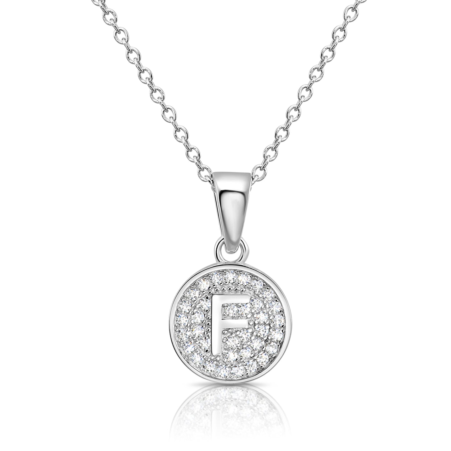 925 Sterling Silver CZ Initial Round Pendant Necklace (Letters A-Z) 16" 18"