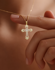 14K Solid Yellow Gold CZ Cross Pendant, With 18" Cable Chain Necklace