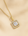 14K Yellow Gold Princess-Cut Halo Pendant Necklace