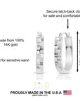 14K White Gold U-Shape Hoop Earrings, "Checkered" Engraved Pattern