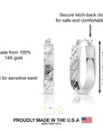 14K White Gold U-Shape Hoop Earrings, "Tornado" Engraved Pattern