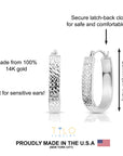 14K White Gold U-Shape Hoop Earrings, "X-Pattern" Diamond-Cuts