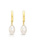 14K Gold Freshwater Pearl Drop Earrings, Huggie Design