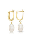 14K Gold Freshwater Pearl Drop Earrings, Huggie Design