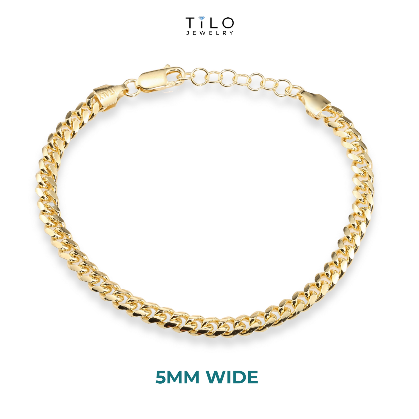 Adjustable Miami Cuban Bracelet Dipped in 14k Yellow Gold, Solid Sterling Silver Bracelet with Adjustable Length 7 - 8 inches, Made In Italy