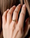 10K Solid Yellow Gold Four Leaf Clover Ring, With Hand Engraved Diamond-Cuts