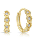 Solid 14K Yellow Gold Hexagon Huggie Hoop Earrings, Single Row CZ Hoops, 12mm