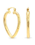 14k Yellow Gold Heart Hoop Earrings, Medium Hoops With Engravings, Diamond-Cut Design
