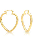 14k Yellow Gold Heart Hoop Earrings, Medium Hoops With Engravings, Diamond-Cut Design