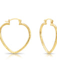 14k Yellow Gold Heart Hoop Earrings, Medium Hoops with Engravings, Diamond-Cut Design